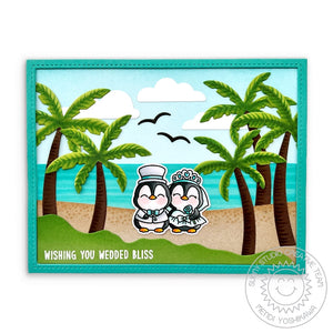 Sunny Studio Stamps Penguin Bride & Groom Beach Wedding Card (using Tropical Trees Backdrop Background Metal Cutting Dies)