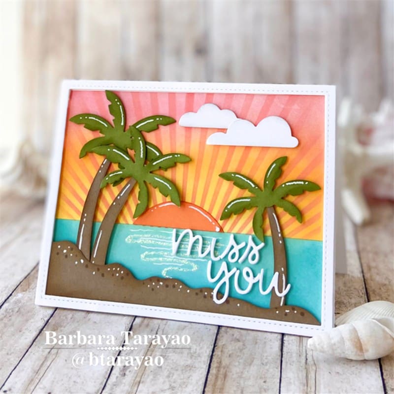 Sunny Studio Stamps Palm Trees Silhouette with Beach Sunset Sunburst Miss You Card using Tropical Trees Backdrop Cutting Die