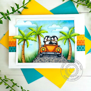 Sunny Studio Stamps Penguins Driving on Island Cobblestone Street Summer Card (using Tropical Trees Backdrop Palm Trees Die)