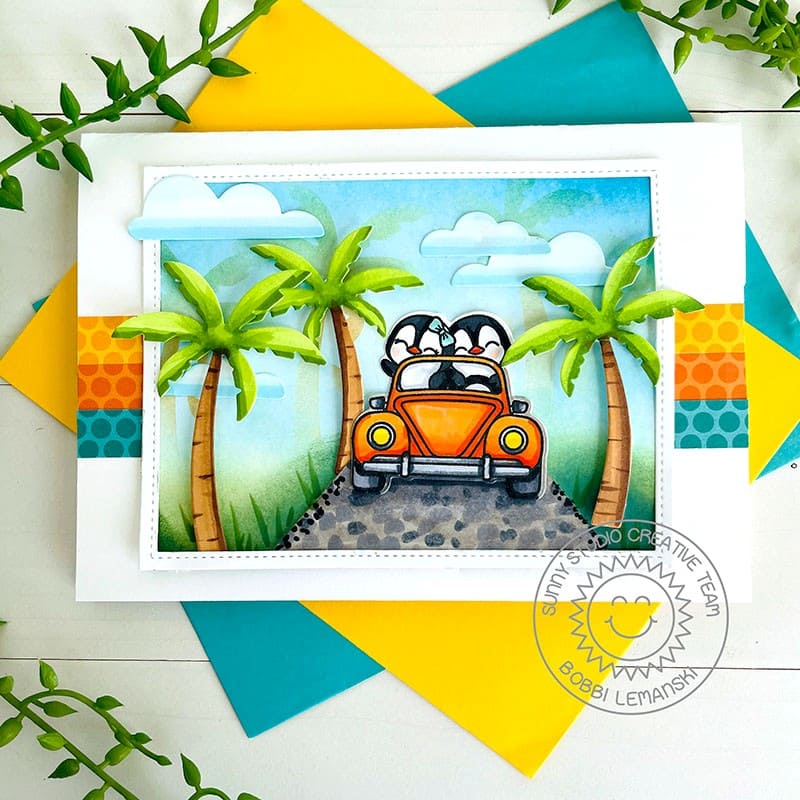 Sunny Studio Penguins Driving on Tropical Island Cobblestone Street Summer Card (using Passionate Penguins Clear Stamps)