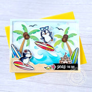 Sunny Studio Surfing Penguins with Ocean Waves "Seas The Day" Summer Card (using Passionate Penguins 4x6 Clear Stamps)
