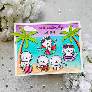 Sunny Studio Stamps You're Sealioulsy Awesome Seals Playing on Beach with Palm Trees Card using Tropical Trees Backdrop Die