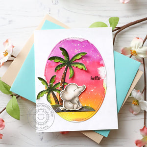 Sunny Studio Stamps Elephant with Palm Trees Stitched Oval Summer Hello Card (using Tropical Trees Backdrop Cutting Die)