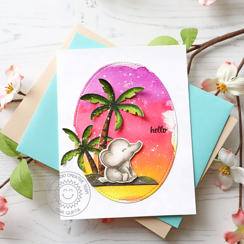 Sunny Studio Stamps Elephant with Palm Trees Summer Hello Card (using Stitched Oval 2 Metal Cutting Dies)