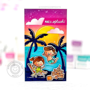 Sunny Studio Kids Playing on Beach with Sand Castle & Palm Trees at Sunset Summer Card (using Kiddie Pool 4x6 Clear Stamps)