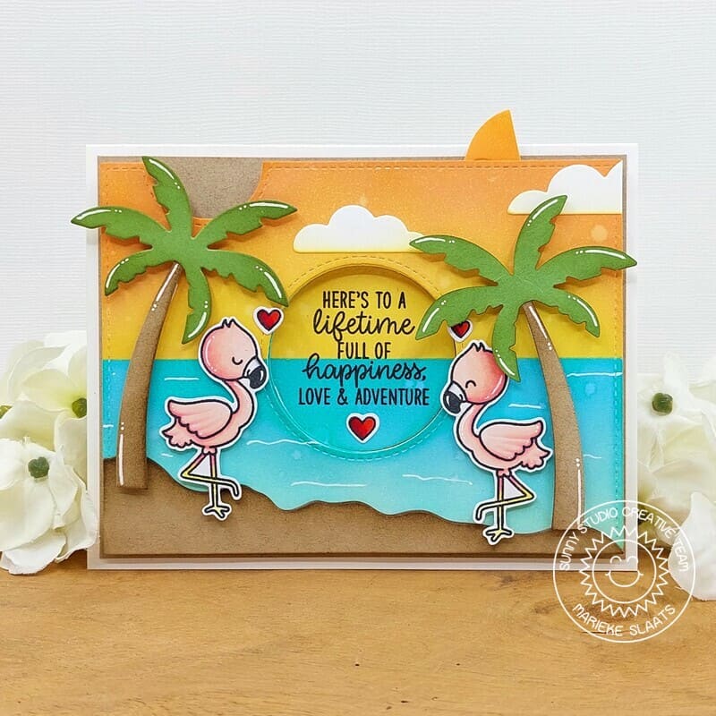 Sunny Studio Flamingos & Palm Trees Summer Card (using Inside Greetings Congrats Stamps & Lawn Fawn Iris Camera Add-on)
