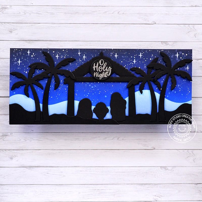 Sunny Studio Silhouette Nativity Religious Slimline Christmas Card (using Holy Night 4x6 Clear Stamps & Metal Cutting Dies)