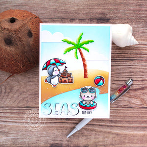 Sunny Studio Stamp Seas the Day Seal & Penguin on Beach with Palm Tree Summer Card using Tropical Trees Backdrop Cutting Die