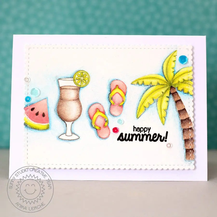 Sunny Studio Stamps Tropical Paradise Happy Summer Watermelon, Fruity Drink, Flip Flops & Palm Tree card (using colored pencils)