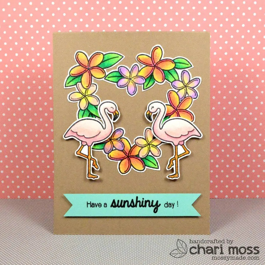 Sunny Studio Stamps Tropical Paradise Pink Flamingos with Plumeria Flower Wreath Summer Card with Kraft Background