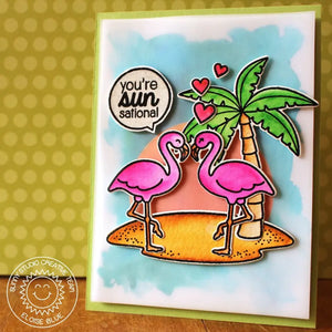 Sunny Studio Stamps Island Getaway You're SunSational Punny Hot Pink Flamingos with Palm Tree Tropical Watercolor Summer Card