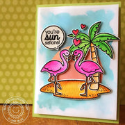 Sunny Studio Stamps Tropical Paradise You're SunSational Punny Hot Pink Flamingos with Palm Tree & Island Watercolor Summer Card