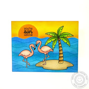 Sunny Studio Stamps You're Sun-sational Flamingos with Palm Trees & Island Summer Card using Wavy Border Metal Cutting Dies