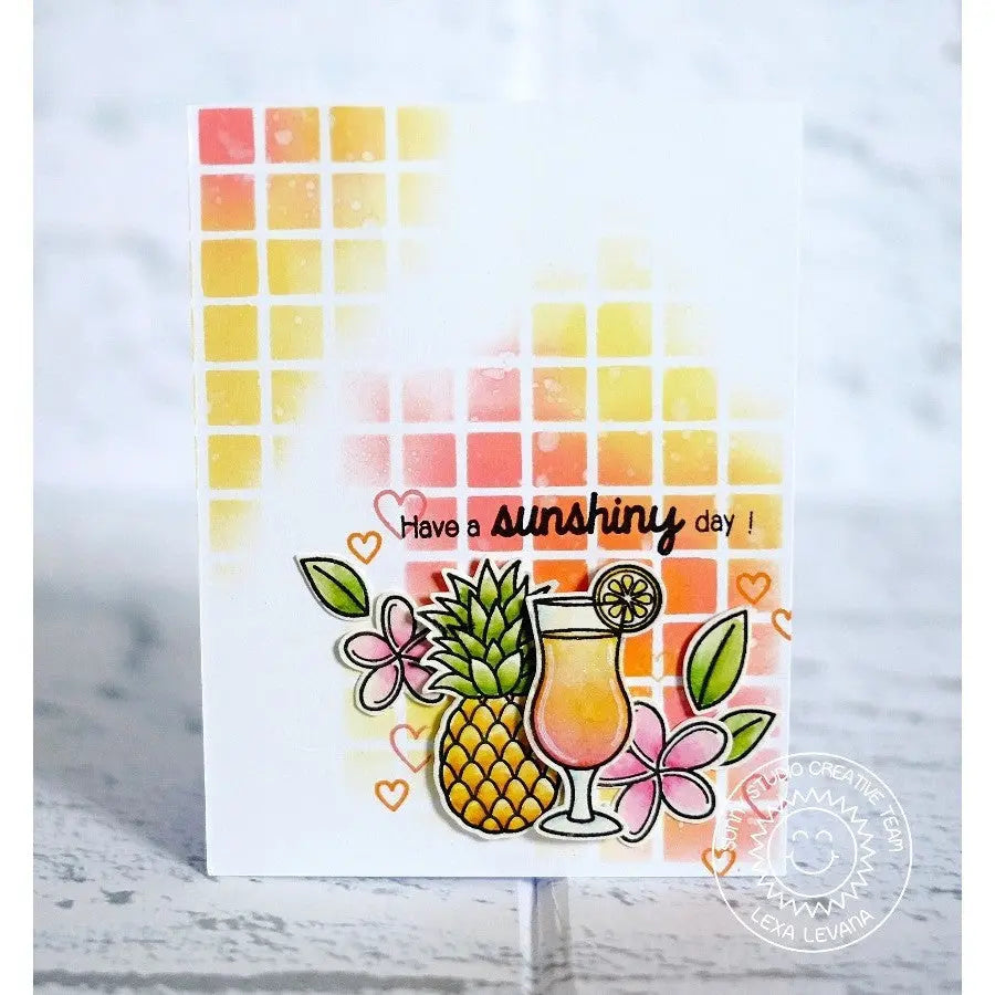 Sunny Studio Stamps Tropical Paradise Have A Sunshiny Day Pineapple with Fruity Drink & Plumeria Flowers Summer Card