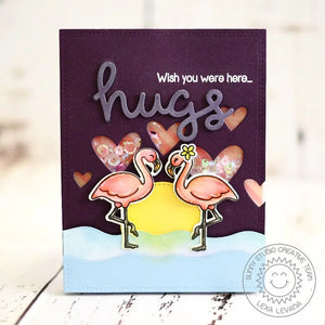 Sunny Studio Stamps Tropical Paradise Pink Flamingos Wish You Were Here Heart Shaker Window Card by Lexa Levana