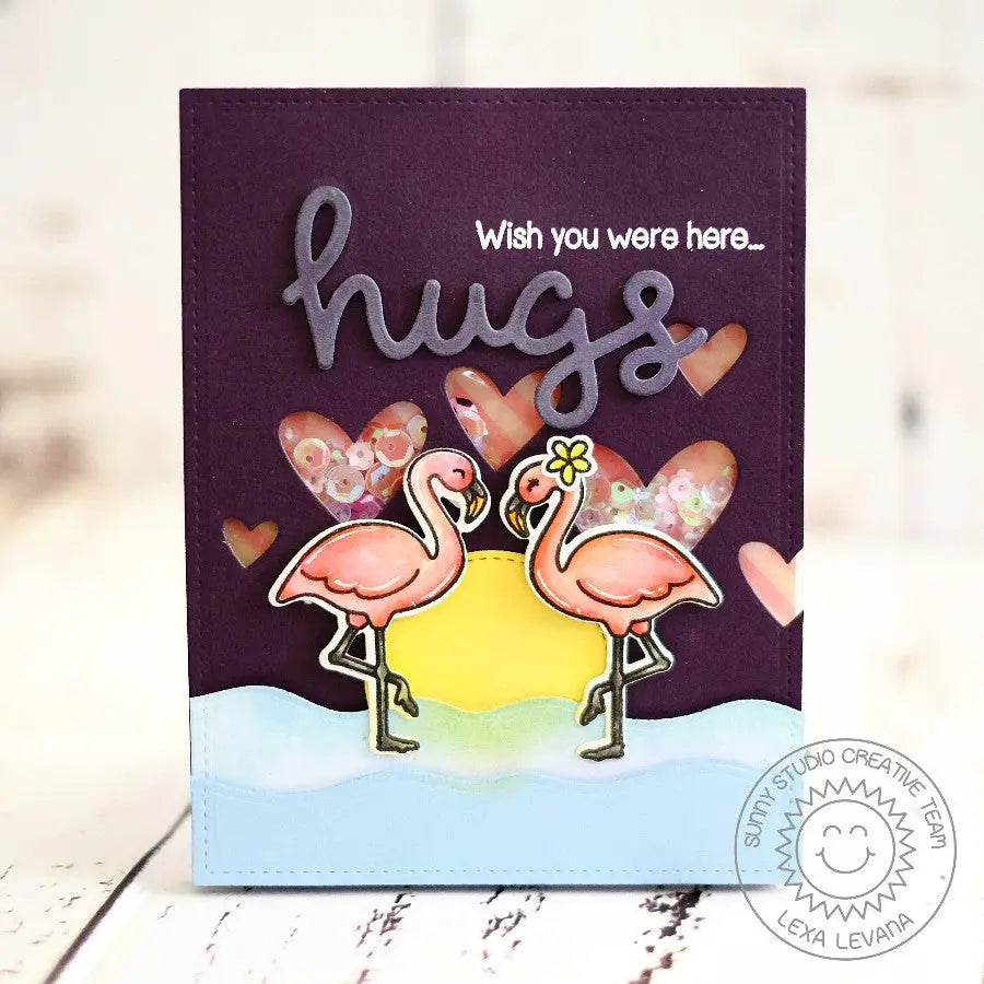 Sunny Studio Stamps Wish You Were Here Pink Flamingo Summer Heart Shaker Card using Wavy Border Metal Cutting Dies