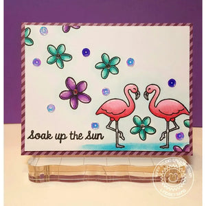 Sunny Studio Stamps Tropical Paradise Soak Up The Sun Pink Flamingos with Plumeria Flowers Summer Card