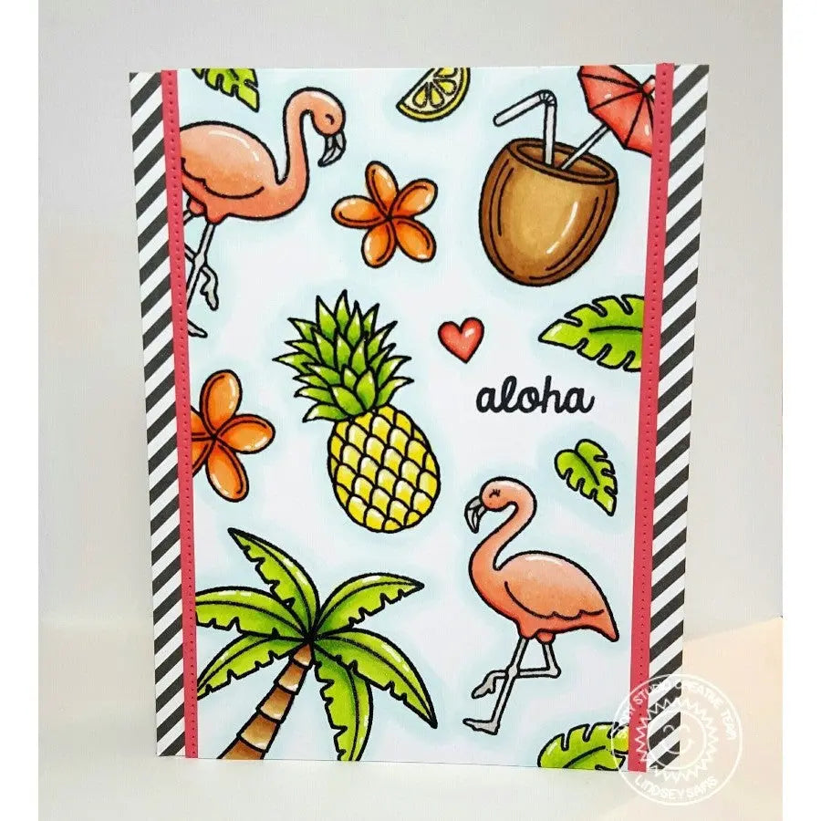 Sunny Studio Stamps Tropical Paradise Pineapple, Palm Tree, Flamingos, & Plumeria Flowers Aloha Summer Card
