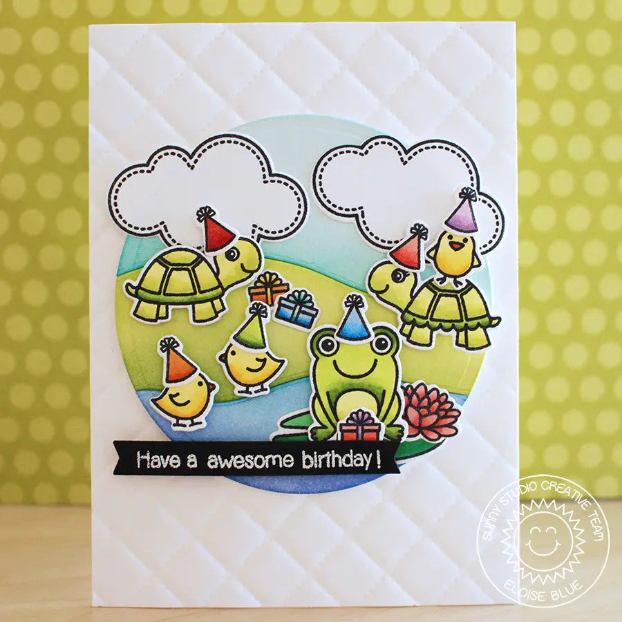 Sunny Studio Have An Awesome Birthday Turtles with Frog & Chicks Wearing Party Hats Card (using Turtley Awesome Clear Stamps)