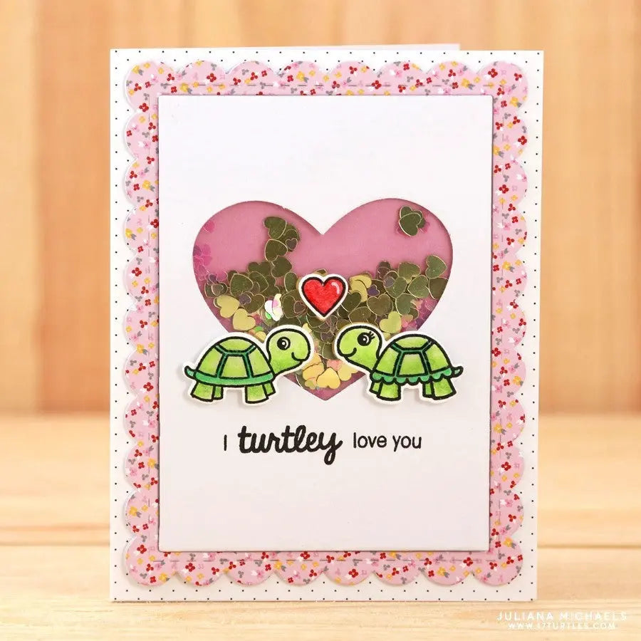Sunny Studio I turtley love you Turtles with Heart Shaker Window Punny Valentine's Day Card (using Turtley Awesome Clear Stamps)