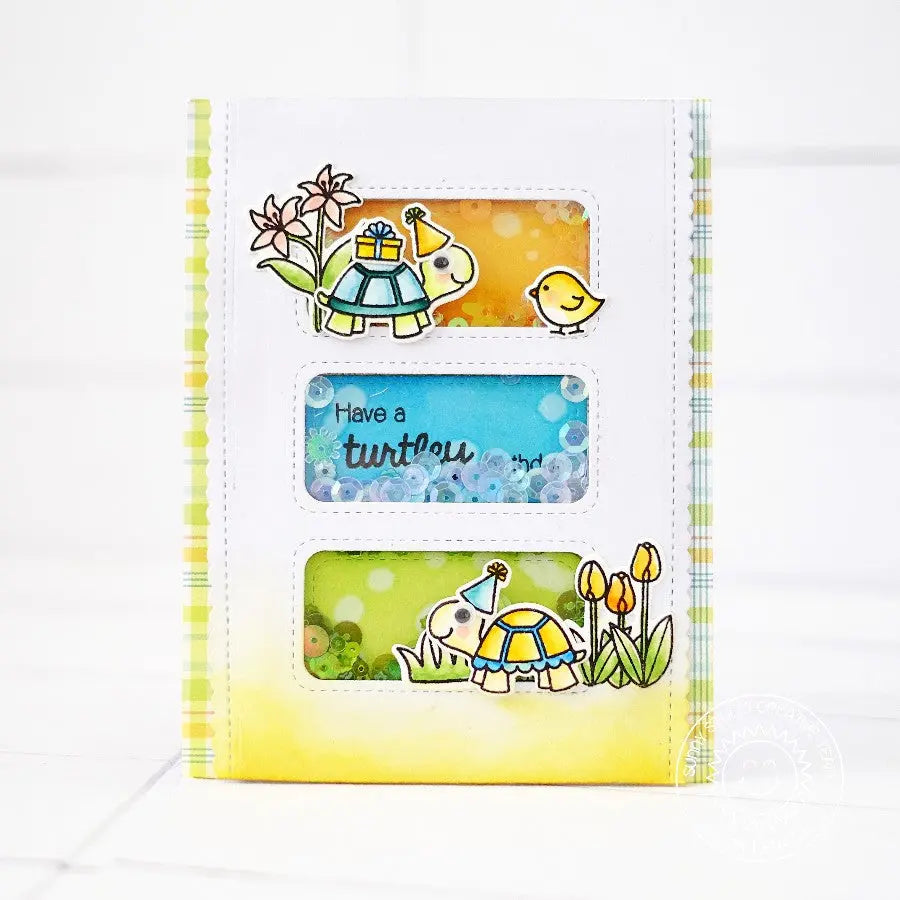 Sunny Studio Have A Turtley Awesome Birthday Punny Shaker Window Card Card (using Turtley Awesome 2x3 Clear Stamps)