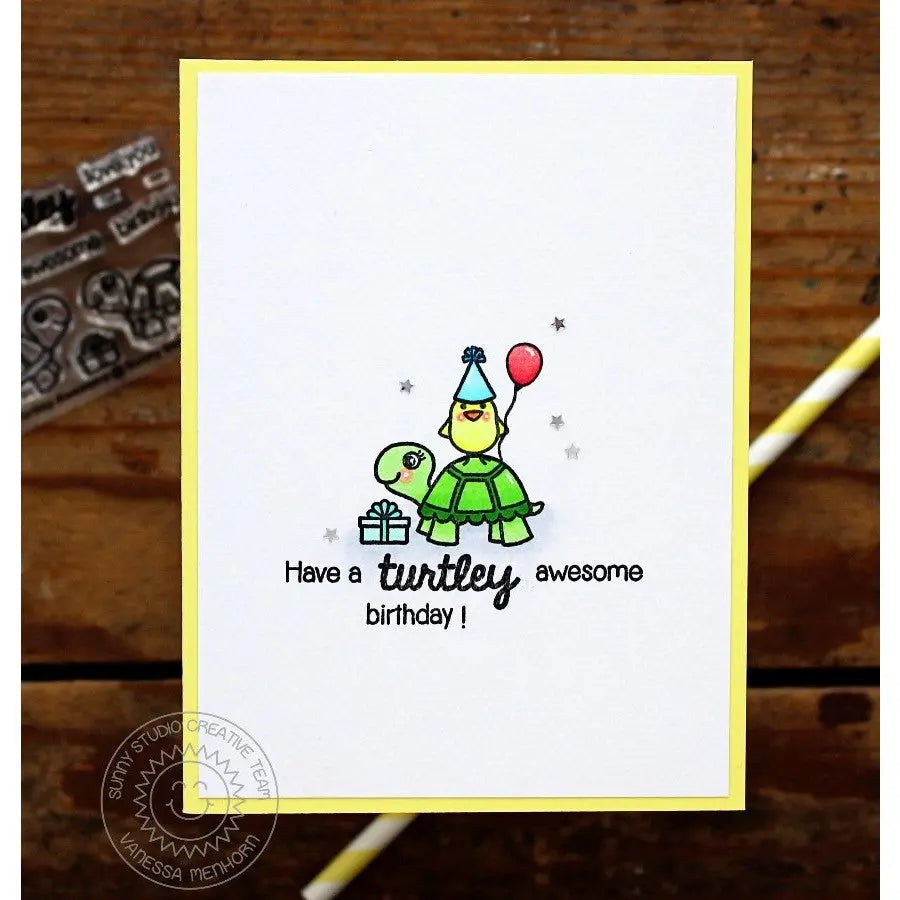 Sunny Studio Clean & Simple CAS Punny Turtle Handmade Birthday Card (using Turtley Awesome 2x3 Clear Photopolymer Stamps)