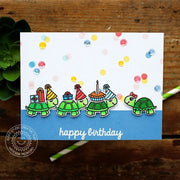 Sunny Studio Turtles Carrying Gifts, Presents and Pie on their Backs Birthday Card (using Turtley Awesome Clear Stamps)