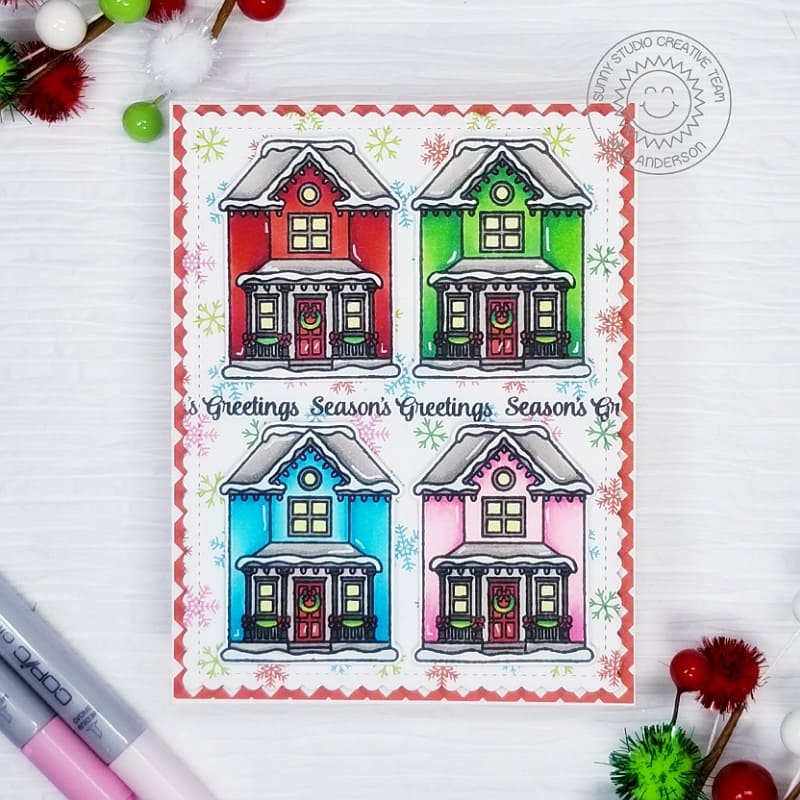 Sunny Studio Stamps Season's Greetings Victorian House Handmade Christmas Holiday Card with Colorful Snowflake Background (using Holiday Cheer 6x6 Patterned Paper Pad Pack)