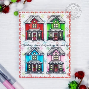Sunny Studio Stamps Season's Greetings Victorian House Handmade Christmas Holiday Card with Colorful Snowflake Background (using Holiday Cheer 6x6 Patterned Paper Pad Pack)