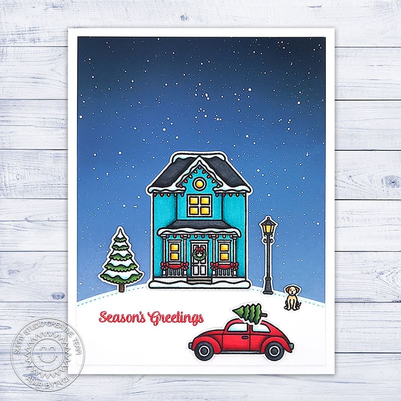 Sunny Studio Season's Greetings Winter House Home with Tree on Car Roof Holiday Card using Victorian Christmas Clear Stamps