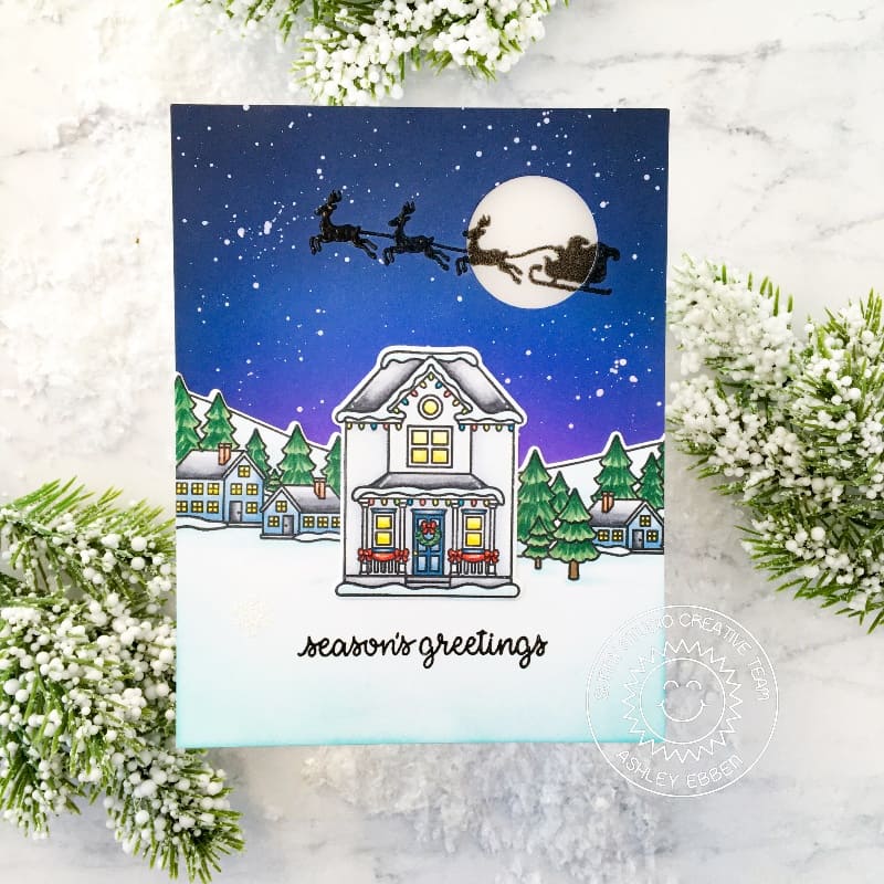 Sunny Studio Season's Greetings Santa with Reindeer & Sleigh Holiday House Christmas Card (using Winter Scenes 4x6 Clear Stamps)