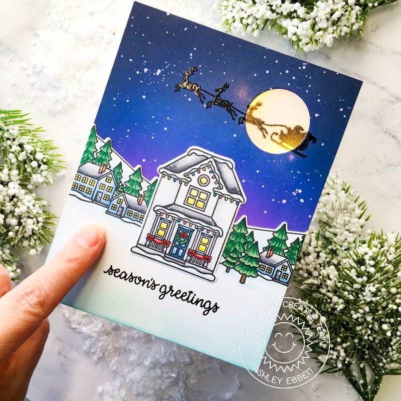 Sunny Studio Light-up Santa Claus with Reindeer & Sleigh flying over House Holiday Card using Victorian Christmas Stamps