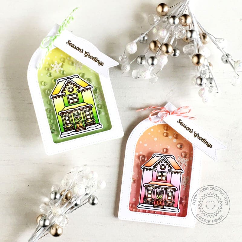 Sunny Studio House Home Handmade Shaker Christmas Holiday Gift Tags (using Victorian Christmas 2x3 Mini Clear Stamps)