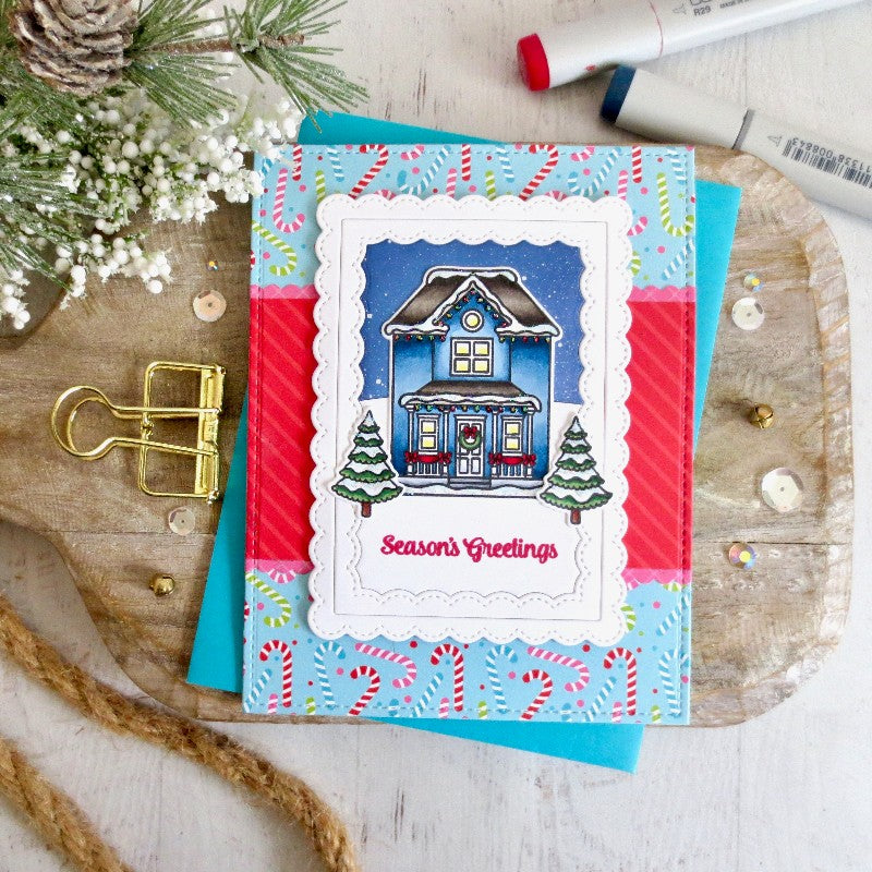 Sunny Studio Stamps Season's Greetings Victorian House Handmade Christmas Holiday Card with Candy Cane Print Background (using Very Merry 6x6 Patterned Paper Pad Pack)