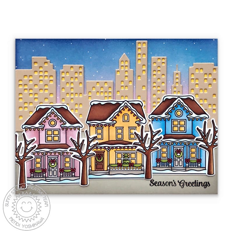 Sunny Studio San Francisco Alamo Square Park At Christmas Handmade Holiday Card using Victorian Christmas Clear Stamps