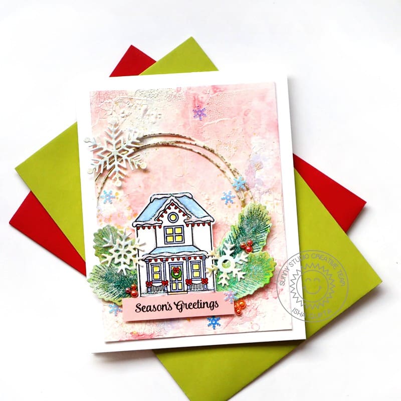Sunny Studio Pink Snowflake House & Home Holiday Card (using Victorian Christmas 2x3 Clear Stamps)