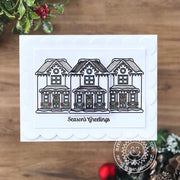 Sunny Studio Classic B&W Season's Greetings Home Scalloped Holiday Card using Victorian Christmas House 2x3 Clear Stamps