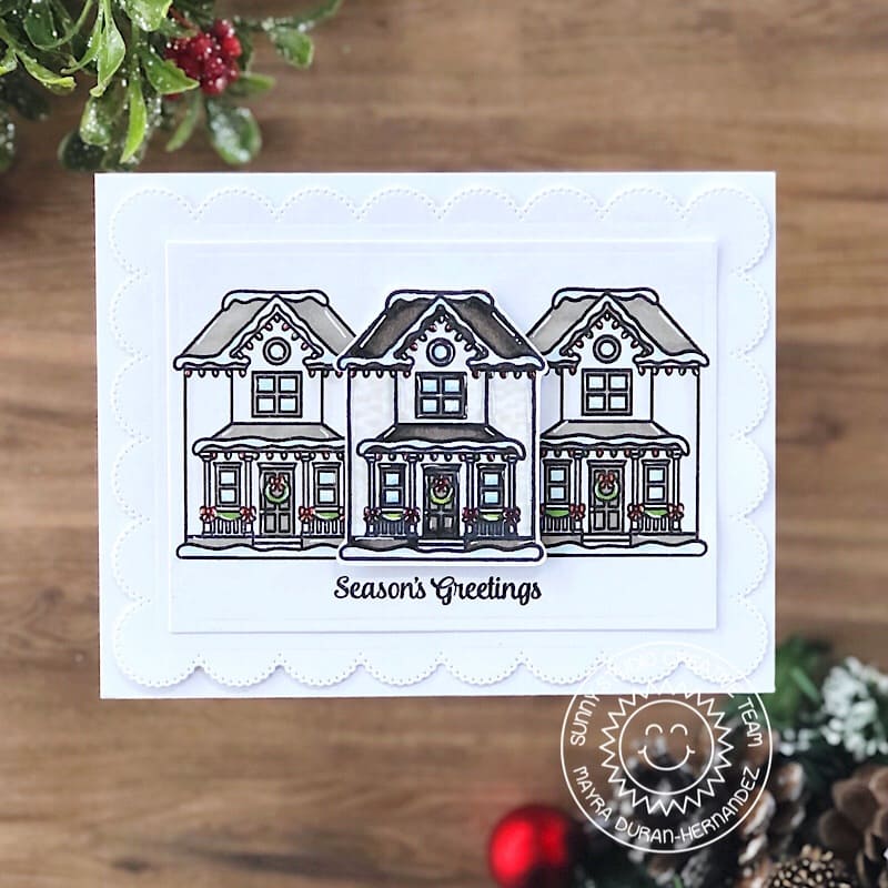 Sunny Studio Classic B&W Season's Greetings Home Scalloped Holiday Card using Victorian Christmas House 2x3 Clear Stamps