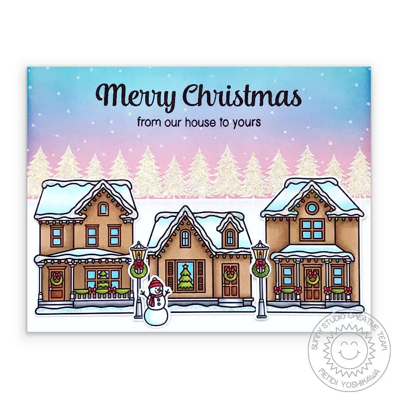 Sunny Studio Neighborhood Homes with Glittery Snow & Pink Sunset Holiday Card using Victorian Christmas Mini Clear Stamps