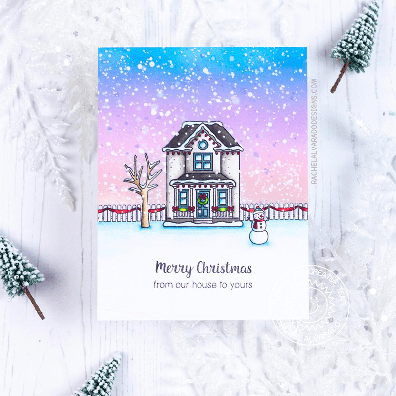 Sunny Studio Merry Christmas From Our House To Yours Home Handmade Holiday Card using Victorian Christmas Mini Clear Stamps