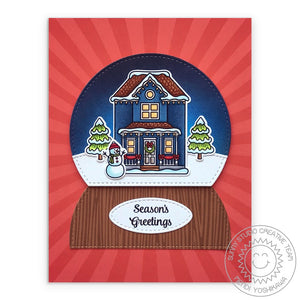 Sunny Studio Stamps Season's Greetings House In Snowglobe Snow Globe Red Sun Ray Nativity Holiday Christmas Card (using Classic Sunburst 6x6 Double Sided Patterned Paper Pack)