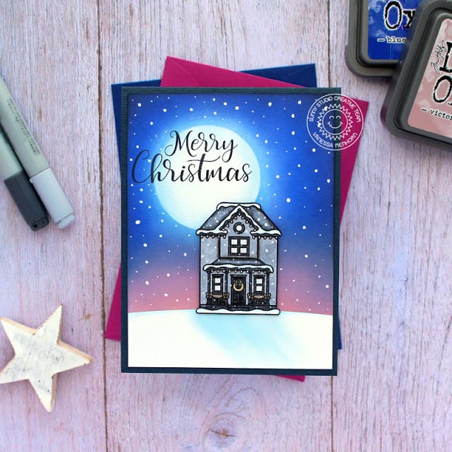 Sunny Studio Winter House Home with full moon Handmade Holiday Card using Victorian Christmas Mini Clear Photopolymer Stamps