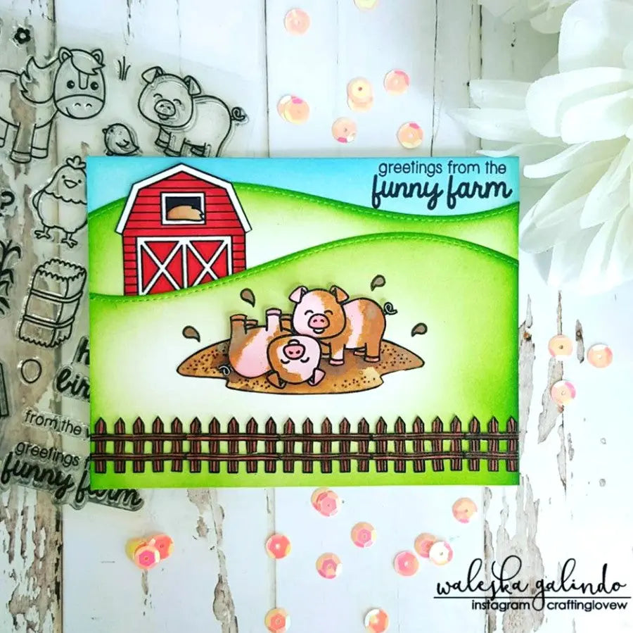 Sunny Studio Stamps Barnyard Buddies Pigs Playing in Mud Card by Waleska