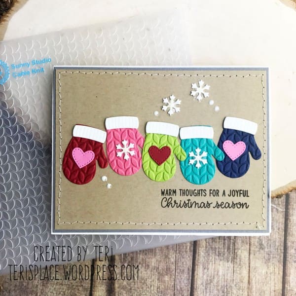 Sunny Studio Stamps Rainbow Embossed Winter Mittens Christmas Card by Teri Anderson (using Cable Knit Embossing Folder)