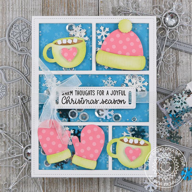 Sunny Studio Stamps Warm & Cozy Hot Cocoa, Hats & Mittens Christmas Card (using Comic Strip Die)