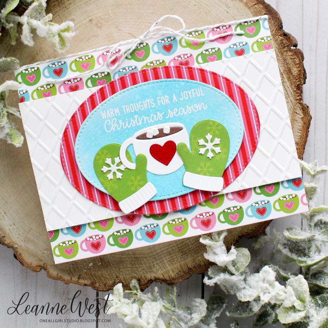 Sunny Studio Stamps Oval Framed Hot Chocolate & Mittens Holiday Christmas Card using Stitched Oval Metal Cutting Dies