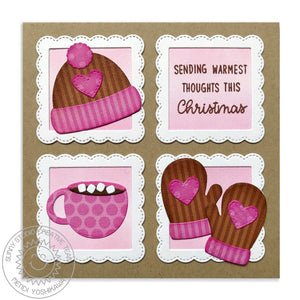 Sunny Studio Stamp Warm & Cozy Hat, Mittens & Hot Chocolate Pink & Kraft Winter Card