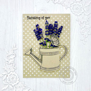 Sunny Studio Lavender Flowers with Butterfly Polka-dot Thinking of You Card Card (using Watering Can Layering 4x6 Clear Stamps)