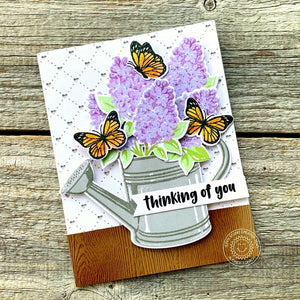 Sunny Studio Lavender Layered Flowers in Watering Can with Butterflies Card (using Lovely Lilacs 4x6 Clear Layering Stamps)