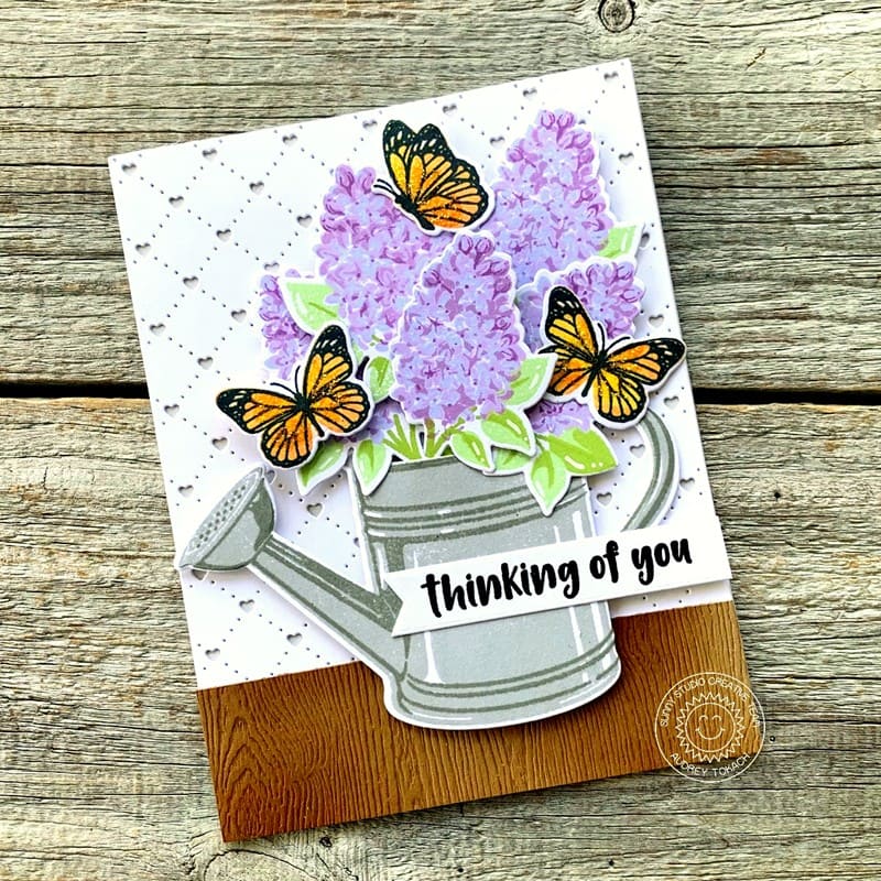 Sunny Studio Stamps Lilacs Watering Can with Butterflies Thinking of You Card using Quilted Hearts Portrait Background Die